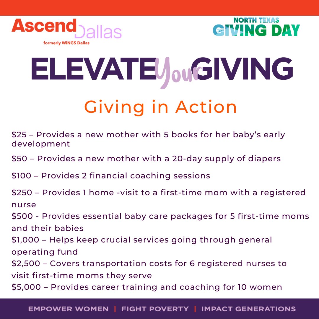 Elevate Your Giving and Spark Change! This #NTxGivingDay, your donation empowers women to build brighter futures. See the impact of your gift today!  
🔗Link to give: bit.ly/4em1eiS
#AscendDallas #ElevateYourGiving #NorthTexasGivingDay