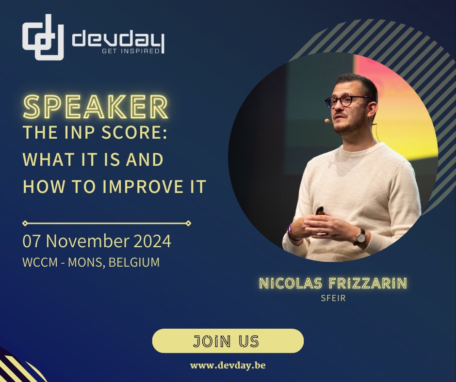 🚀 Annonce #DevDay2024 : Nicolas Frizzarin vous présente "The INP score: What it is and how to improve it". 📈

Apprenez à optimiser cette nouvelle métrique essentielle pour l'expérience utilisateur qui remplacera la FID en 2024. 🔧

👉 devday.be/ticket 🇫🇷