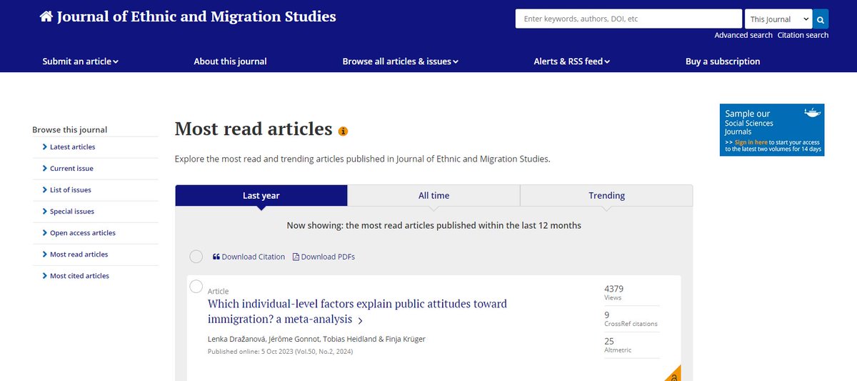 Happy to see that our (Jerome Gonnot, <a href="/t_heidland/">Tobias Heidland, moving to heidland.bsky.social</a> &amp; Finja Krueger) (Open access❗️) meta-analysis "Which individual-level factors explain public attitudes towards immigration?" is the most read article at JEMS of last year! If you haven't, read it here ➡️  tandfonline.com/doi/full/10.10…