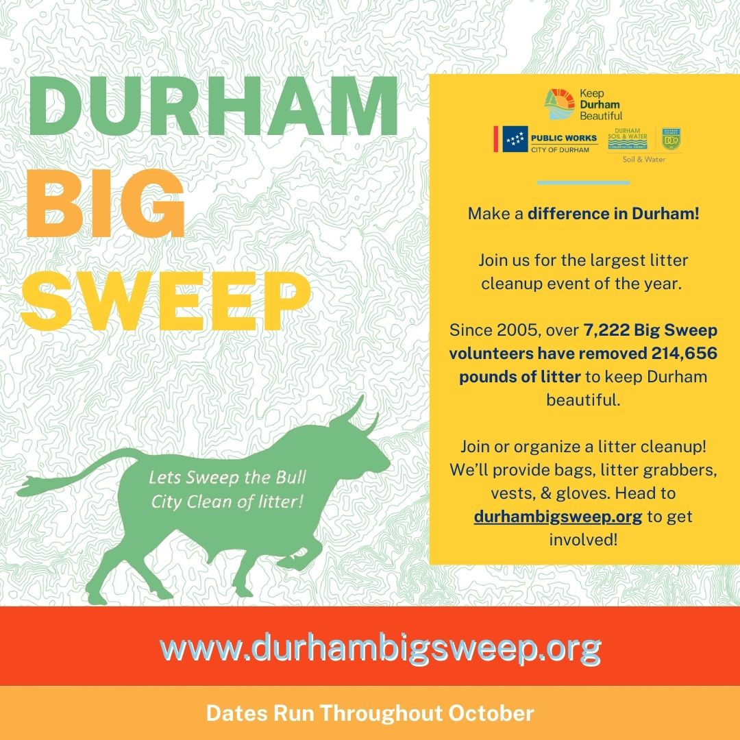 Every Fall, groups from across Durham come together to clean their local neighborhoods, parks, &amp; streams for #DurhamBigSweep! This is a great opportunity to clean up a littered area that's been bugging you, meet new people, or get to know Durham better.  durhambigsweep.org