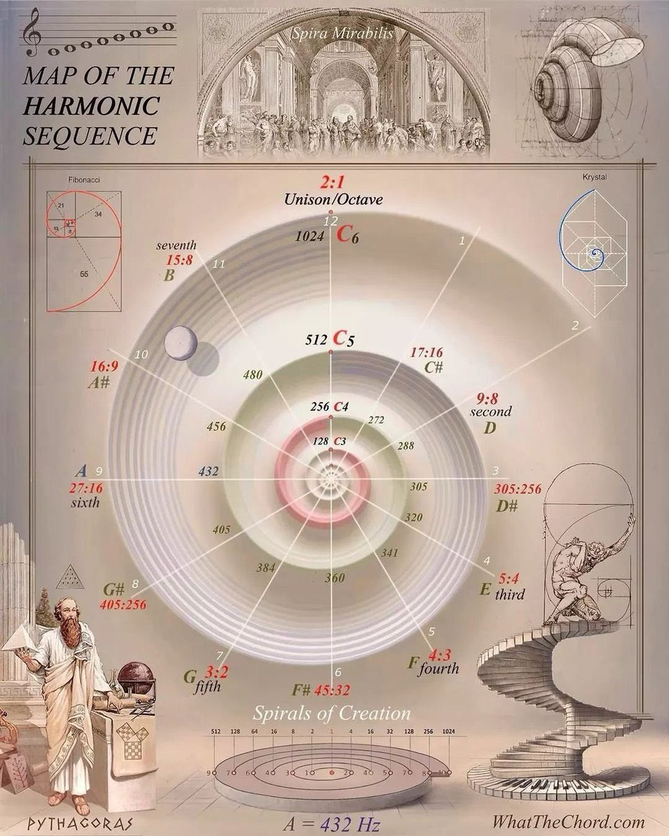 1AmOld5hool's tweet image. Este mapa de secuencia armónica muestra la conexión entre la música, las matemáticas y la naturaleza a través de frecuencias, proporciones y espirales. Ilustra cómo el sonido refleja la armonía natural y los principios cósmicos.
