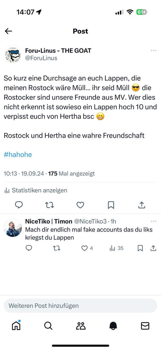 Der Nico ist schon ein richtiges Opfer 😅 labert nur Müll muss aber dann blocken 🤣 Leute wenn ihr keiner Eier habt Verpisst euch 😎 ihr habt euch mit dem falschen angelegt klar ?😉 ich nehme euch alle hoch 😎 nehmt eure Pillen 😅
#hahohe