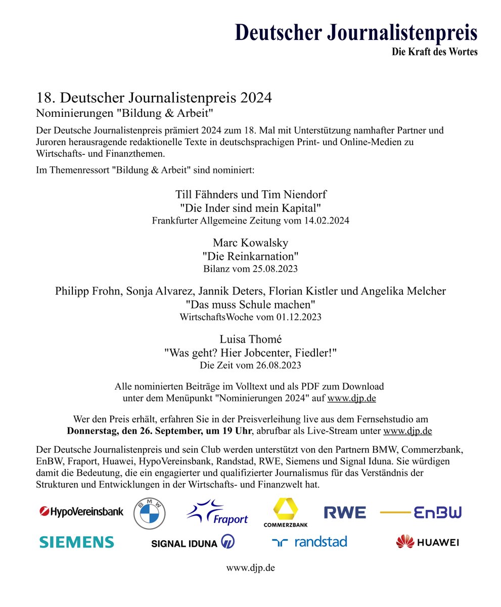 djpderclub's tweet photo. 18. #DeutscherJournalistenpreis 2024
#djp #djp2024 · https://t.co/H3O1s4kqQz 

Nominiert im Themenressort #Bildung &amp; #Arbeit 

Till @faehnders 
Tim Niendorf 
@MarcKowalsky 
@philipp_frohn 
@Sonja_Alvarez 
@jannikdeters 
@florian_kistler 
@AngelikaMelcher 
@Luisa_Thome https://t.co/NruE6EyK9j