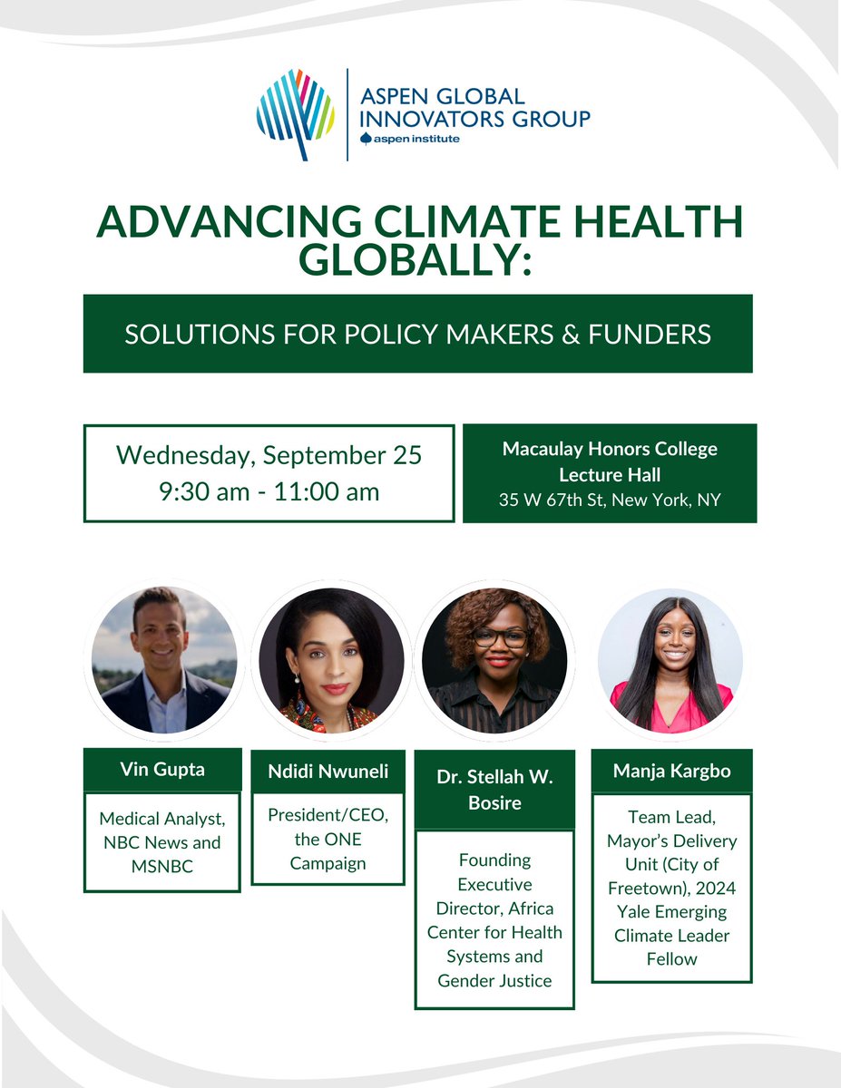 Excited to announce that Manja Kargbo from Freetown City Council will join us at the Advancing Climate Health Globally session! She leads innovative efforts addressing climate &amp; health challenges through the Transform Freetown plan. 
Register now: aspenglobalinnovators.org/events/advanci…