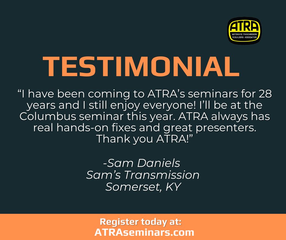 ATRAHQ's tweet image. 🌟 Testimonial Thursday: Sam Daniels Reflects on Decades of ATRA Seminars 🌟 📅 Don’t miss out on our upcoming seminars!
👉 Find out more and register now: atraseminars.com #TechnicalSeminar #TransmissionTraining #ATRA #ATRATechSeminar #TestimonialThursday #TransmissionTra