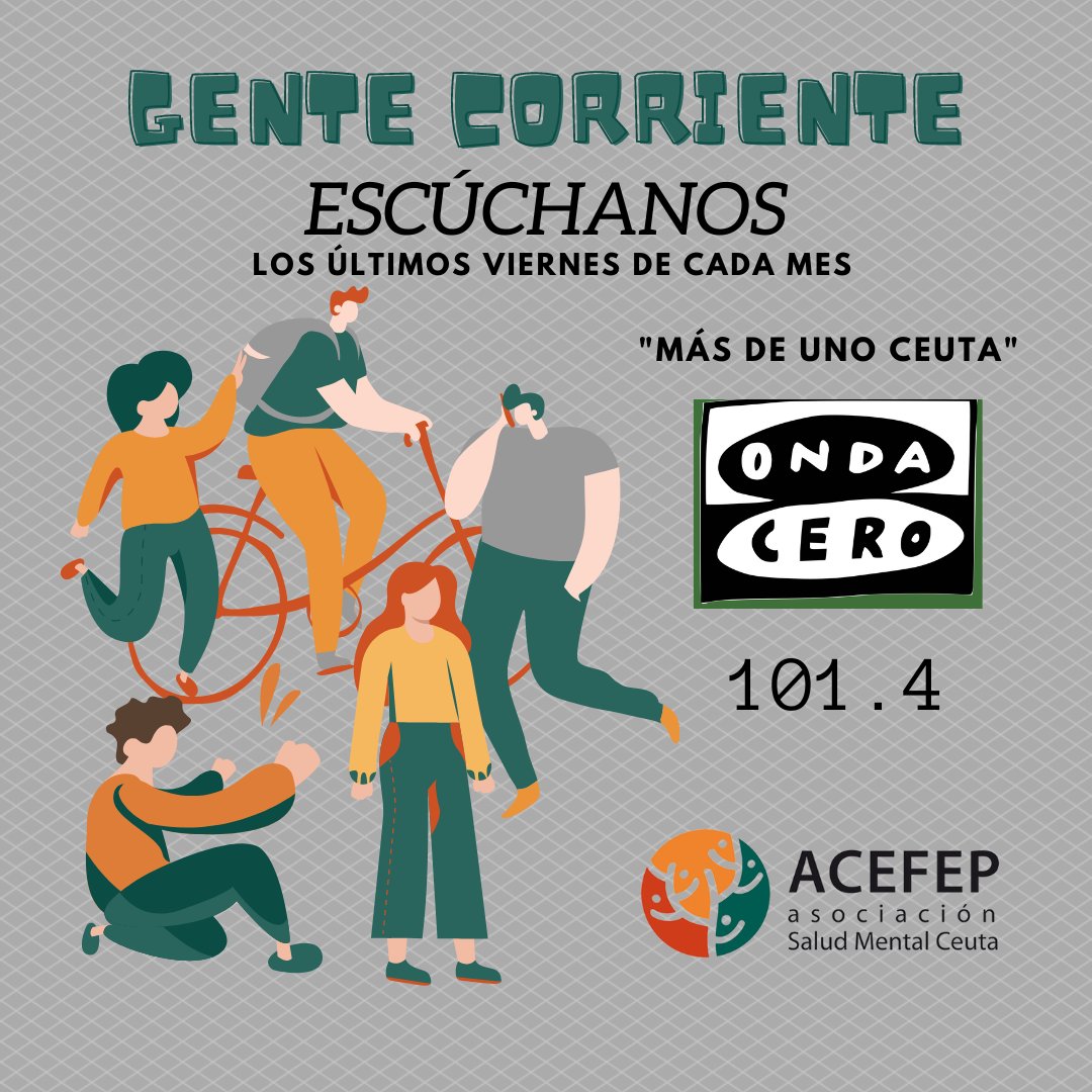 Arranca nueva temporada de Gente Corriente.
Escúchalo en <a href="/ondaceroceuta/">Onda Cero Ceuta</a> a partir de las 13:00 h. Hablaremos del próximo #DíaMundialdelaSaludMental y sus actividades.
En podcast posterior, se analizará el lema "Trabajo y #SaludMental, un vínculo fundamental"
#empoderamiento