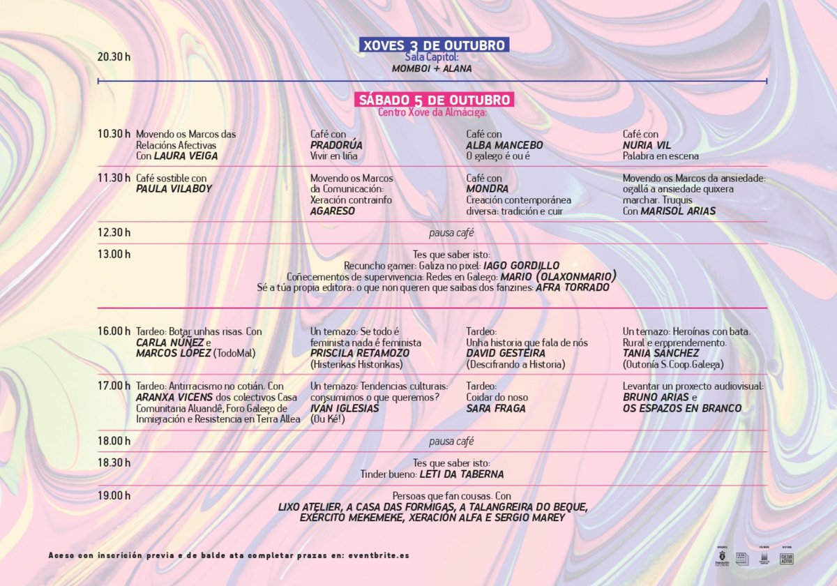 O 5/10 o Centro Xove de Creación Cultural de Santiago acollerá conversas xunto a <a href="/Mondra_gz/">Mondra</a>, <a href="/nuriavil2/">Nuria Vil 🎠 🌈 ela/eli</a>, <a href="/mancebota/">Alba Mancebo</a>, TodoMal, Leti da Taberna, <a href="/rua_prado/">a Prado Rúa</a> ou Olaxonmario entre outros. Falaremos sobre relacións, saúde mental, medioambiente, ruralidades, literatura ou tecnoloxía 👩‍🏫