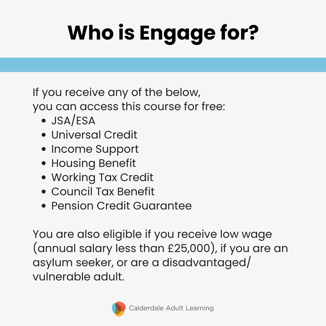 LearningCAL's tweet image. Introducing: Engage!

Our brand new short courses with big opportunities to help you change your life, taking place in local venues across Calderdale. 

Starting after October half term, these 6 week courses are a FREE step back into learning.