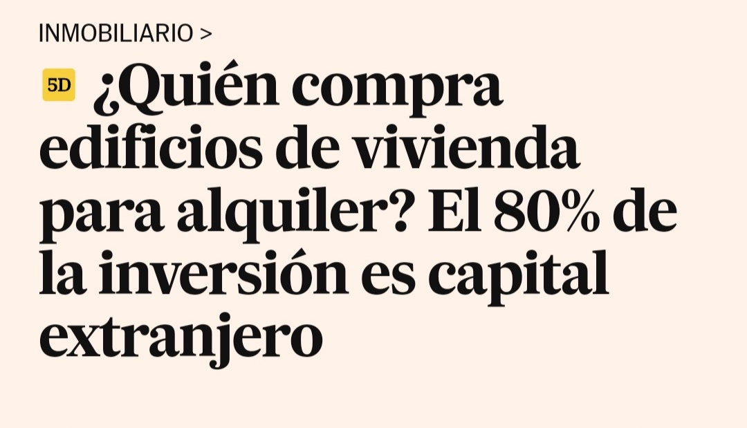 El 80% de los edificios de viviendas están siendo comprados por inversores extranjeros, pero no oiréis ni a Abascal, ni a Feijóo ni a los youtubers de ultraderecha señalar a los ricos extranjeros que hacen nuestro país invivible.
Fuertes con los débiles, sumisos con los poderosos
