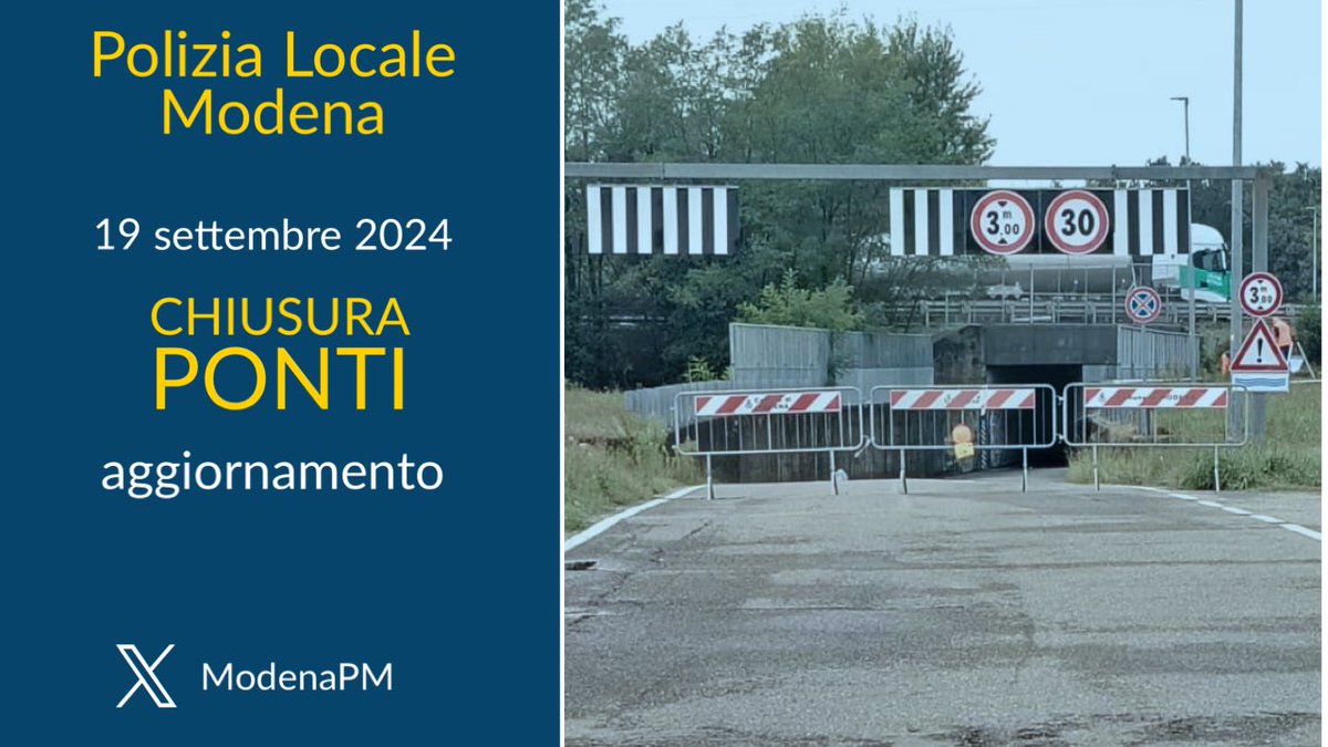 #ViabilitàMO #19settembre #maltempo #aggiornamento 
Il colmo di piena è in transito. 
🔴 Restano ancora chiusi al traffico Ponte Alto sul Secchia, ponte dell'Uccellino tra Modena e Soliera, ponte di Navicello vecchio sul Panaro e il ponte di strada Curtatona sul torrente Tiepido