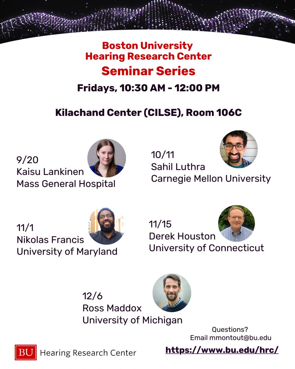 Announcing our Fall Seminar Series! Join us Fridays to learn about these researchers new work in hearing and neuroscience. 
Beginning tomorrow with Kaisu Lankinen <a href="/klankine/">Kaisu Lankinen</a> from MGH Martinos: "Using 7T fMRI and MEG to examine functional properties of the human auditory pathways."