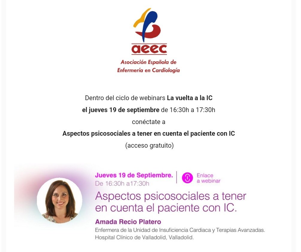 Amada Recio Platero (@amadarepla) on Twitter photo Continuamos con la vuelta a la #IC. Esta tarde hablando de aspectos #psicosociales e #IC. ¡Os espero! <a href="/AEEC_enfcardio/">Asociacion Española de Enfermeria en Cardiologia</a> <a href="/IC_aeec/">GT Insuficiencia Cardíaca - AEEC</a> Continuamos con la vuelta a la #IC. Esta tarde hablando de aspectos #psicosociales e #IC. ¡Os espero! <a href="/AEEC_enfcardio/">Asociacion Española de Enfermeria en Cardiologia</a> <a href="/IC_aeec/">GT Insuficiencia Cardíaca - AEEC</a>