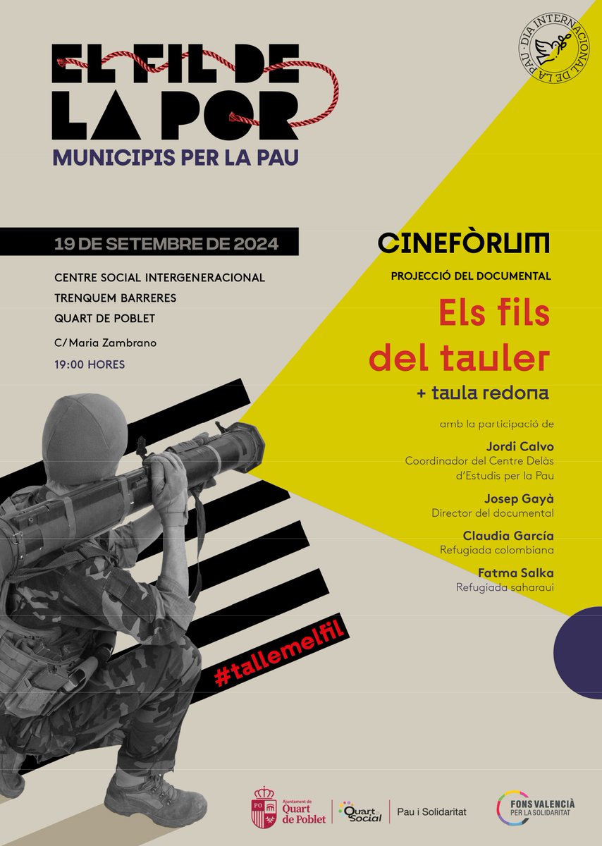 Aquesta tarda serem a #QuartdePoblet per celebrar el #DiaInternacionaldelaPau amb el projecte #MunicipisPerlaPau de <a href="/fonsvalencia/">Fons Valencià per la Solidaritat</a>

Amb l'exposició "El Fil de la Por", el cinefòrum "Els fils del tauler" i una xarrada amb <a href="/jordicalvo/">Jordi Calvo</a> 

⏰ Avui · 18:30h
📍 Centre Trenquem Barreres