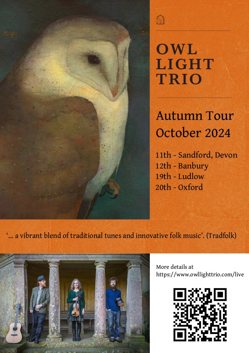 We’re off on tour next month! Do please come and see us; we’re playing in some lovely venues alongside some very fine musical comrades. Tickets &amp; details at owllighttrio.com. First up 11 Oct in Sandford: tickets wegottickets.com/event/632140 #tradtunes #tour