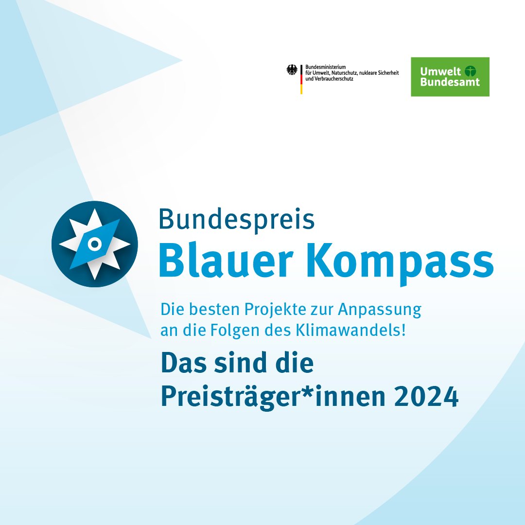 Umweltbundesamt (@umweltbundesamt) on Twitter photo Die Gewinnerprojekte des Bundespreises „Blauer Kompass“ stehen fest. Wir gratulieren allen Preisträger*innen herzlich zu ihrer Auszeichnung! Alle Infos: umweltbundesamt.de/presse/pressem…
#BlauerKompass #klimaanpassung #klimafolgen #umwelt #kommunen #foschung <a href="/ioew_de/">IÖW | @ioew@mastodon.social</a> <a href="/ZKlimaanpassung/">Zentrum KlimaAnpassung</a> Die Gewinnerprojekte des Bundespreises „Blauer Kompass“ stehen fest. Wir gratulieren allen Preisträger*innen herzlich zu ihrer Auszeichnung! Alle Infos: umweltbundesamt.de/presse/pressem…
#BlauerKompass #klimaanpassung #klimafolgen #umwelt #kommunen #foschung <a href="/ioew_de/">IÖW | @ioew@mastodon.social</a> <a href="/ZKlimaanpassung/">Zentrum KlimaAnpassung</a>