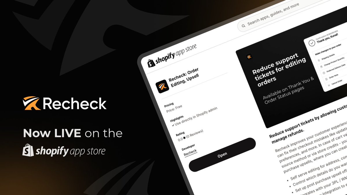 The day has come.

<a href="/recheck_app/">Recheck</a> went public today on <a href="/Shopify/">Shopify</a>! 🎉

This is the first step of our 10 year journey to building a portfolio of Shopify apps focused on solving painkiller problems.

After 3 months in the beta oven, it's finally out!

Link in comments 👇
