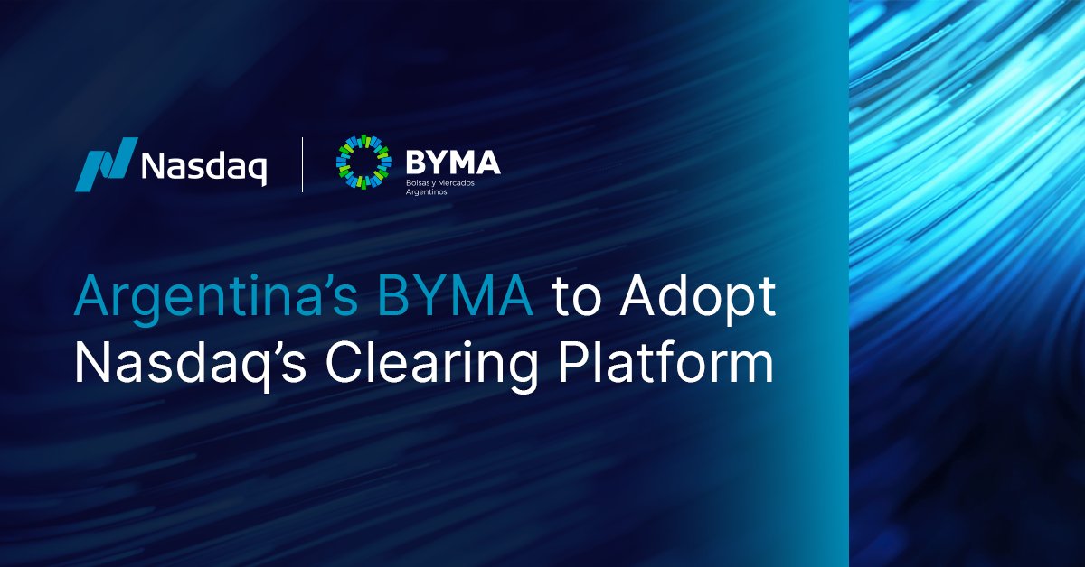 ⚡ <a href="/Nasdaq/">Nasdaq</a> is thrilled to expand our partnership with <a href="/BYMAOficial/">BYMA</a>.

🤝 BYMA, the leading stock exchange in Argentina, will adopt Nasdaq’s real-time clearing platform at its central counterparty clearing house. 

➡️ Learn more here: spr.ly/6010oP0AQ