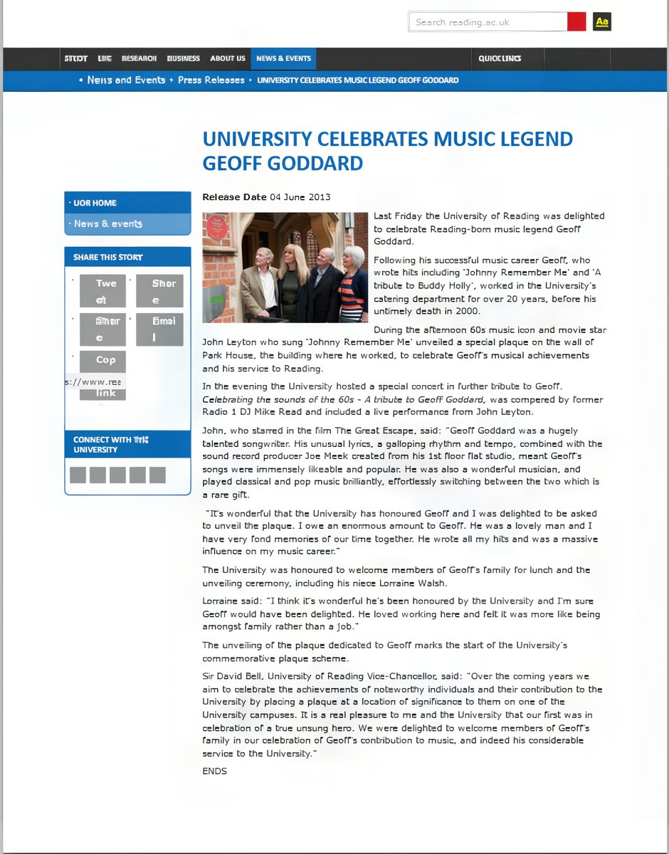 JoeMeekSociety's tweet photo. Joe Meek's ACE songwriter/musician Geoff Goddard has a plaque at the University of Reading. (I must try to find a better photo) https://t.co/gyysbjuBVn