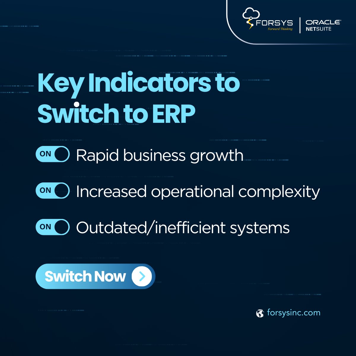 ForsysInc's tweet photo. The below-listed signs show it is time to migrate to an #ERP system and drive business growth. If your business is also struggling with operational inefficiencies, outdated systems, data silos, or any other challenges, it is time to make the switch. https://t.co/gfZWzxeitN