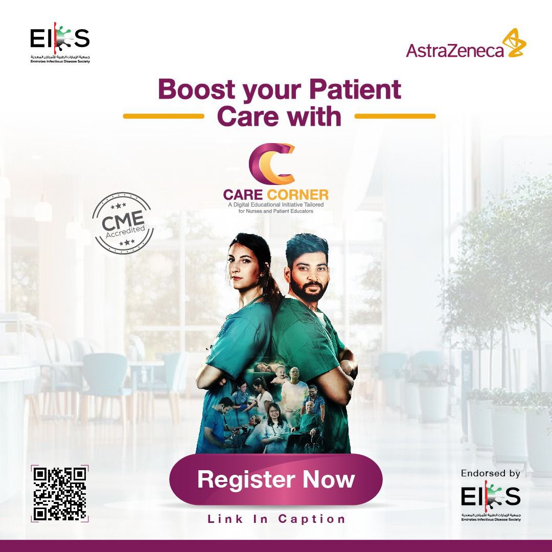 EIDS is delighted to endorse AstraZeneca’s Care Corner modules, providing the latest medical knowledge to health care workers to enhance the quality of care to their patients. 

#Register through the link 👇🏼 
 
azedugate.com/en-uae/home/ca…
 
#AZCareCorner
#PatientCare