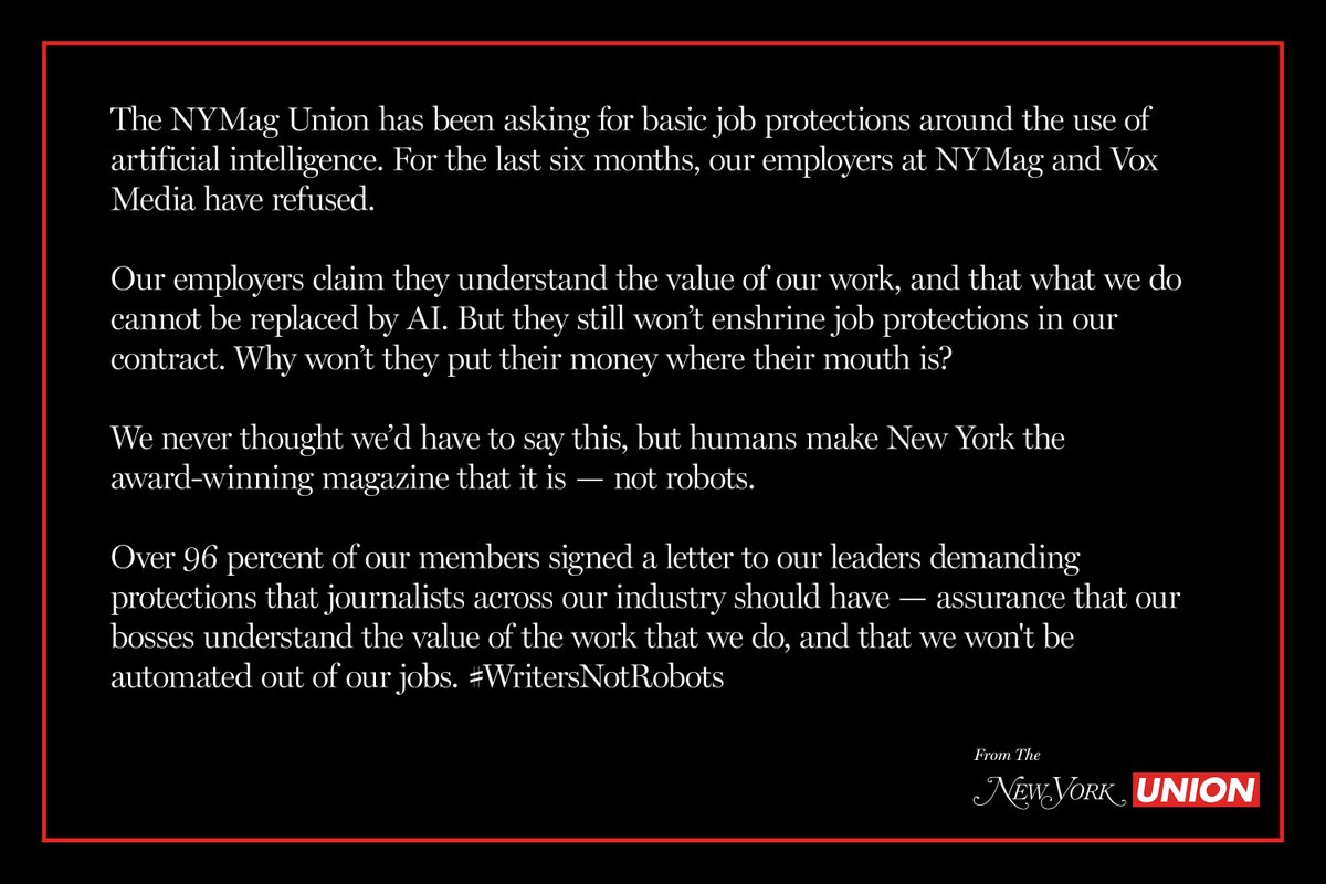 The New York Magazine Union is back at the bargaining table this morning to continue our fight for AI job protections.