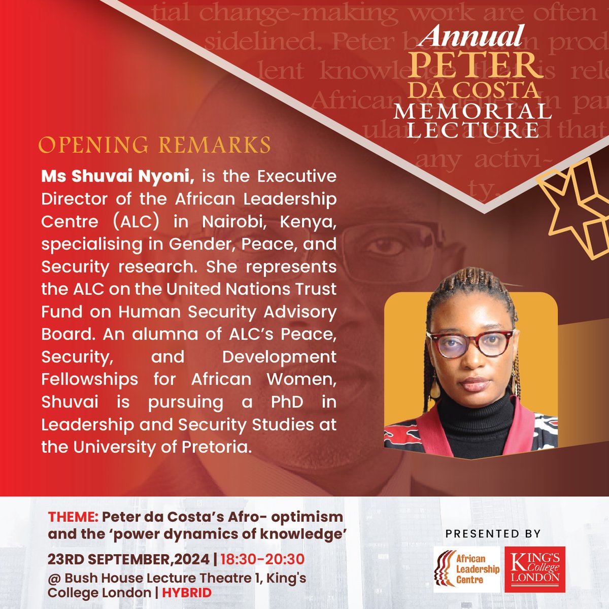ALC_KCL's tweet photo. Get ready for an enlightening discussion with our speakers at the 2024 Peter da Costa Memorial Lecture.
Register Here👇
https://t.co/VMg9PB7VGZ
#PeterDaCosta #ALCLecture2024 #Leadership #AfricanVoices https://t.co/tX4qPyCG3y