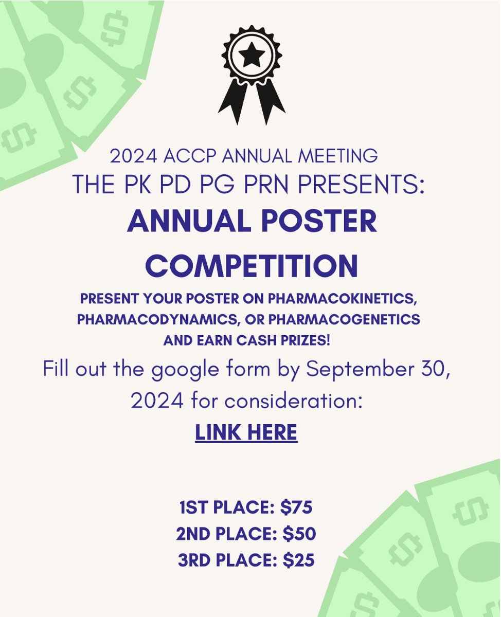 Are you presenting a poster at the upcoming ACCP annual meeting?

Sign up for the ACCP PK/PD/PG poster competition or to serve as a judge:
forms.gle/UoYjPqZj8WXDNw…

Deadline to sign up is Monday, September 30, 2024.