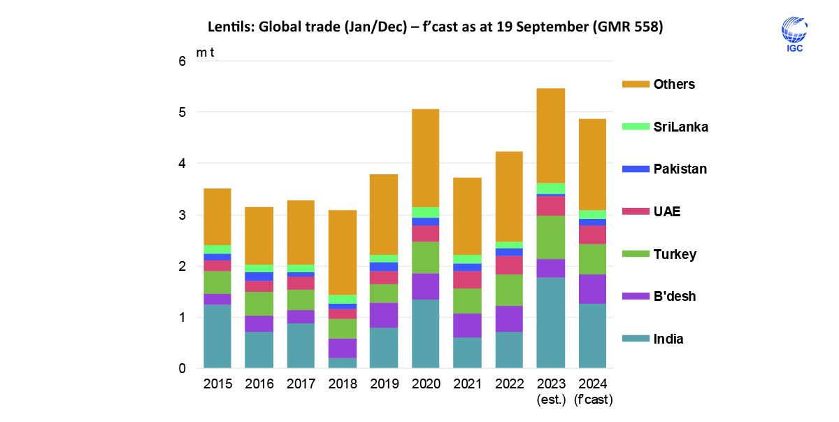 IGCgrains's tweet photo. World #lentils (#pulses) trade in 2024 (Jan/Dec) is expected to fall y/y, amid a marked drop in #Indian #purchases and reduced #exportable supplies in key origins, notably in #Australia and in #Canada. https://t.co/JZ93Tnunsz