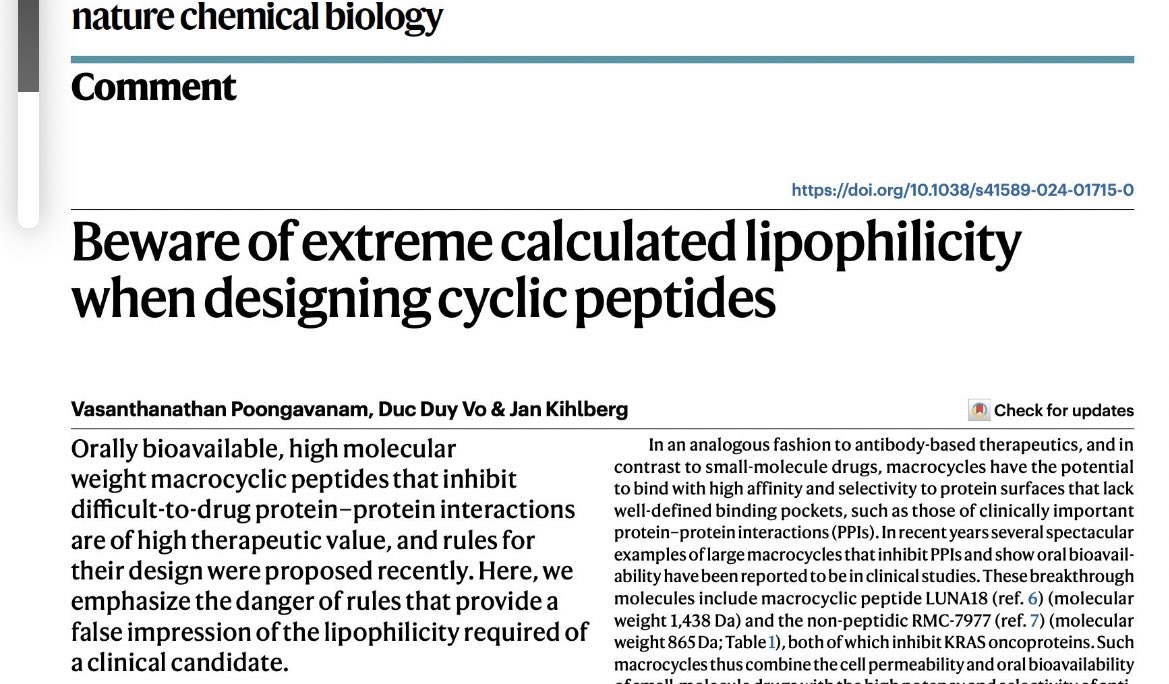 vasanthanathan's tweet image. We are excited to share our latest #Comment in #NatureChemicalBiology "Beware of extreme calculated lipophilicity when designing cyclic peptides".
lnkd.in/dBmfTceJ
Thanks Duy and Jan Kihlberg
#CyclicPeptides #Lipophilicity #Nature #CompChem #AI #cLogP