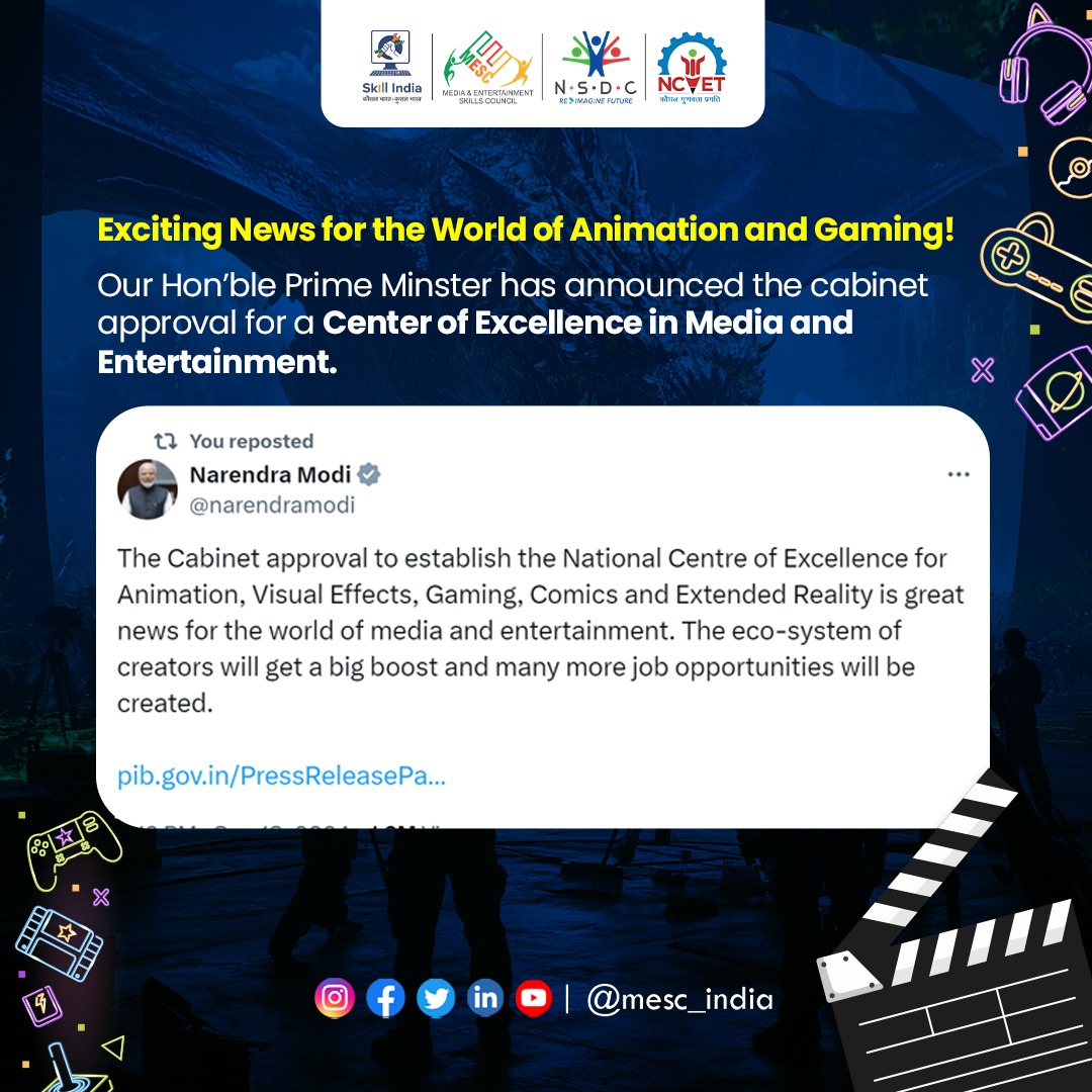 mesc_india's tweet image. The Recent announcement and approval to establish the National Centre of Excellence for AVGC/XR is exciting news for the world of Media and Entertainment. We would like to Thank our Hon&apos;ble Prime Minister Shri Narendra Modi Ji for his constant support to the industry. #avgcxr