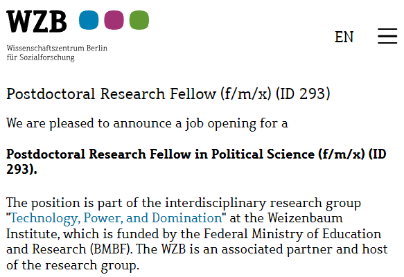 Our research group is looking for a Postdoctoral Research Fellow in Political Science 👩‍🎓
If you are interested, all relevant information can be found here: wzb.eu/de/node/83565 
Feel free to share the announcement! ✉️