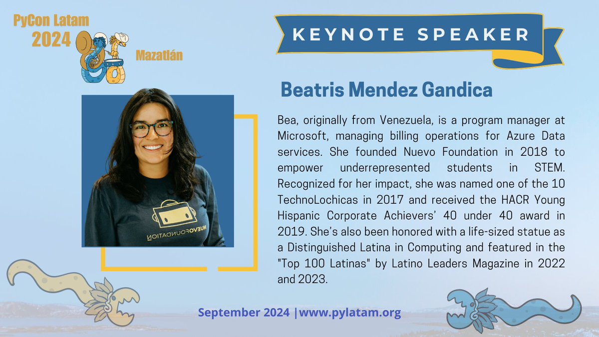 PyLatam's tweet image. 📢¡Anuncio de Keynote!

Estamos emocionados de anunciar que para la edición de #PyConLatam2024 tenemos dentro de nuestro lineup de keynotes a Bea Gandica.🎉🐍🚀

Conoce más sobre Bea: 👇
beatrismendezgandica.com

🌐 pylatam.org

#Python 
#PyCon
#Latam
