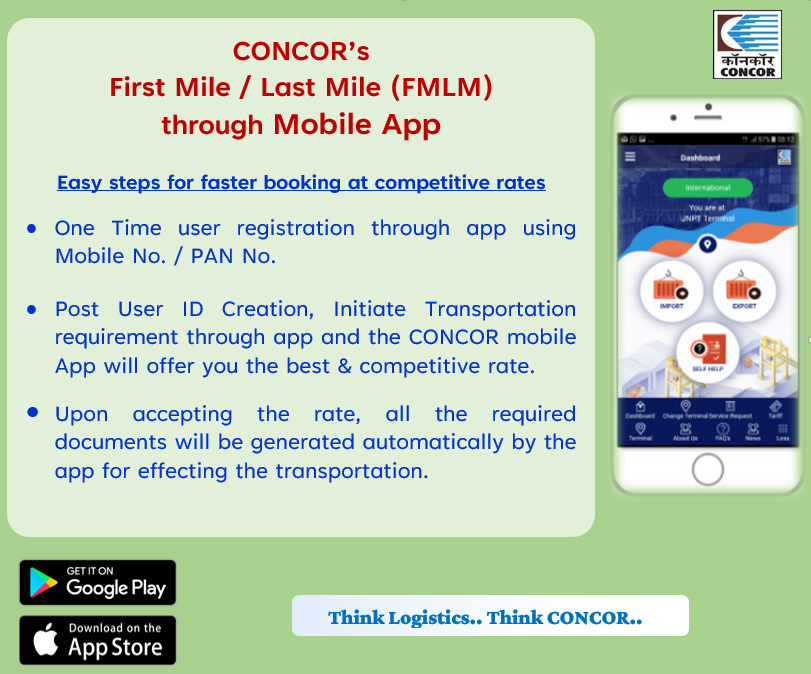 ConcorArea3's tweet photo. CONCOR has released easy to use First Mile Last Mile (#FMLM) Mobile app. Customers are requested to use the Mobile App to avail faster services at the best and competitive rate. Think Logistics.. Think CONCOR.. https://t.co/FI50Ijzkwz