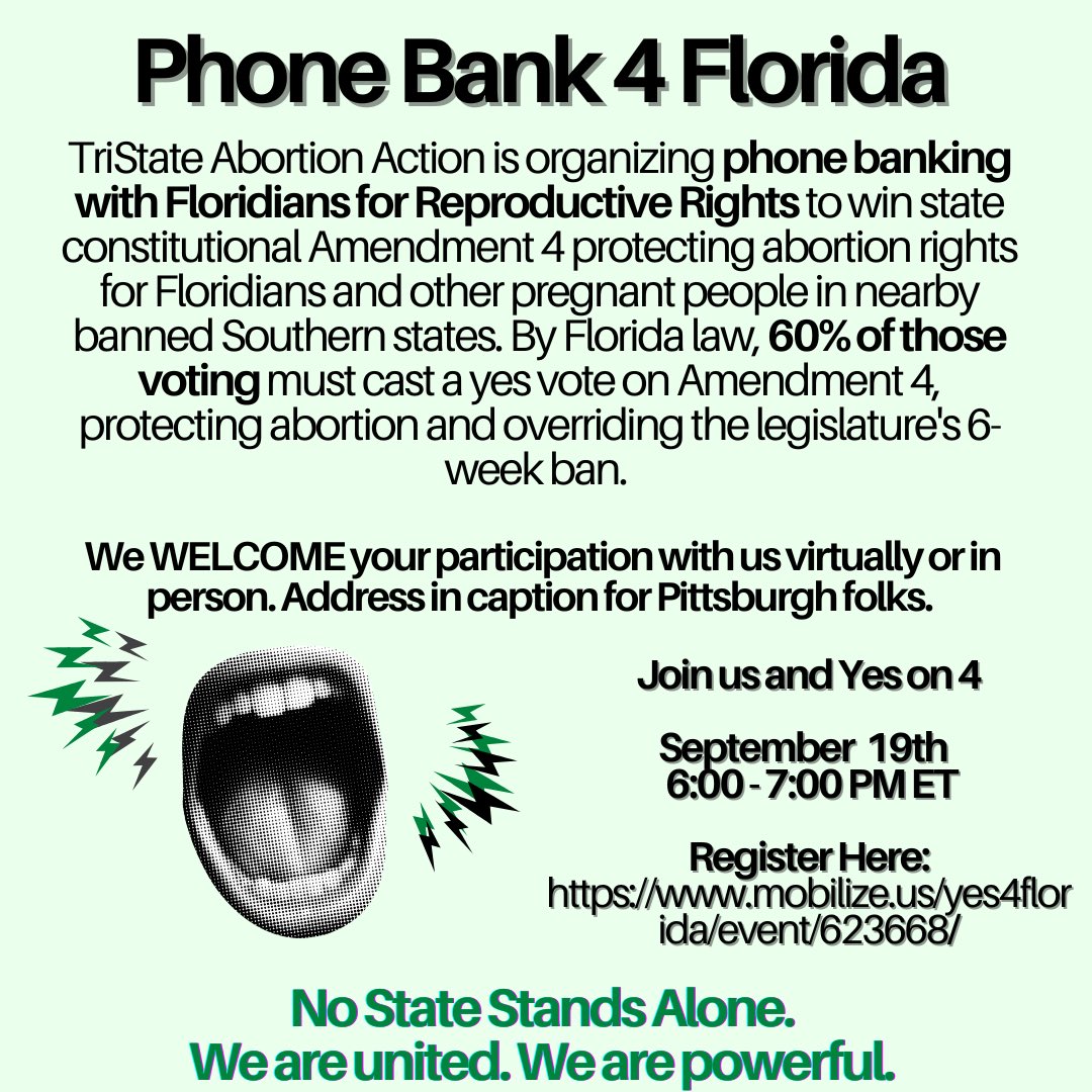 SecondWaveStill's tweet photo. TriState Abortion is bringing folks across generations together to get on the phones from Pittsburgh (and elsewhere) to support Floridans for Reproductive Rights tonight. Join virtually from anywhere https://t.co/ei044NflY8. https://t.co/GyQWMwnXOR