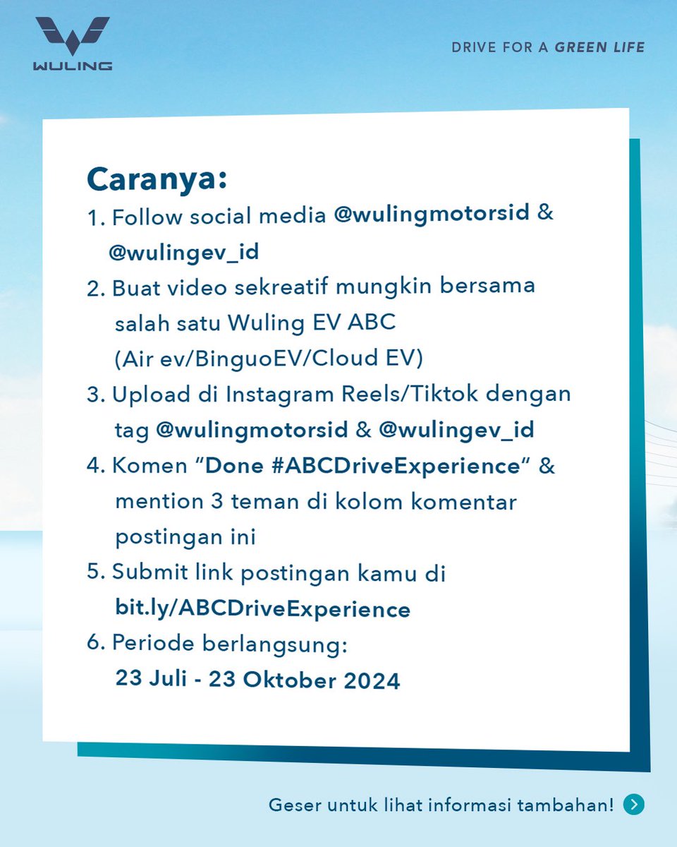 WulingMotorsID's tweet photo. ￼Kesempatan liburan GRATIS ke Bali masih ada! 🥳 

Periode #ABCDriveExperience diperpanjang hingga 23 Okt 2024. Buat video kreatif dg Wuling EV ABC &amp; ikuti #ABCDriveExperience Video Competition. Cek info lengkap di gambar berikut!

#WulingMotors #DriveForABetterLife https://t.co/6BLoepBmak