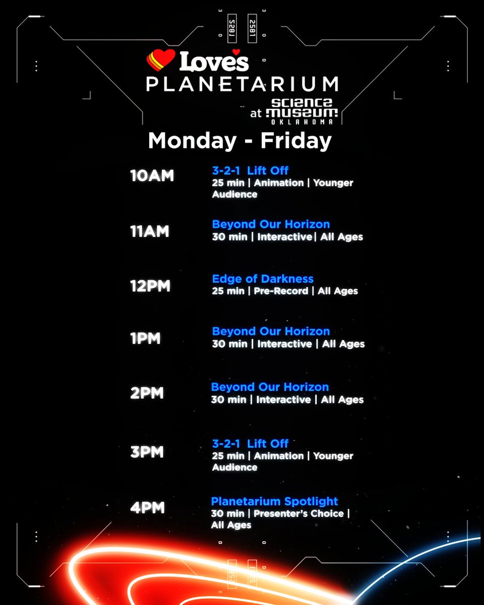 sciencemuseumok's tweet photo. The Love's Planetarium blasts off tomorrow! Public shows will start tomorrow at 2pm. See below for the daily show schedule. 🚀🪐#lovesplanetarium #lovestravelstops #planetarium #sciencemuseumoklahoma #exploresmo #oklahomacity #okc #okcadventuredistrict #familyfriendlyokc https://t.co/ccvtZHk9tF