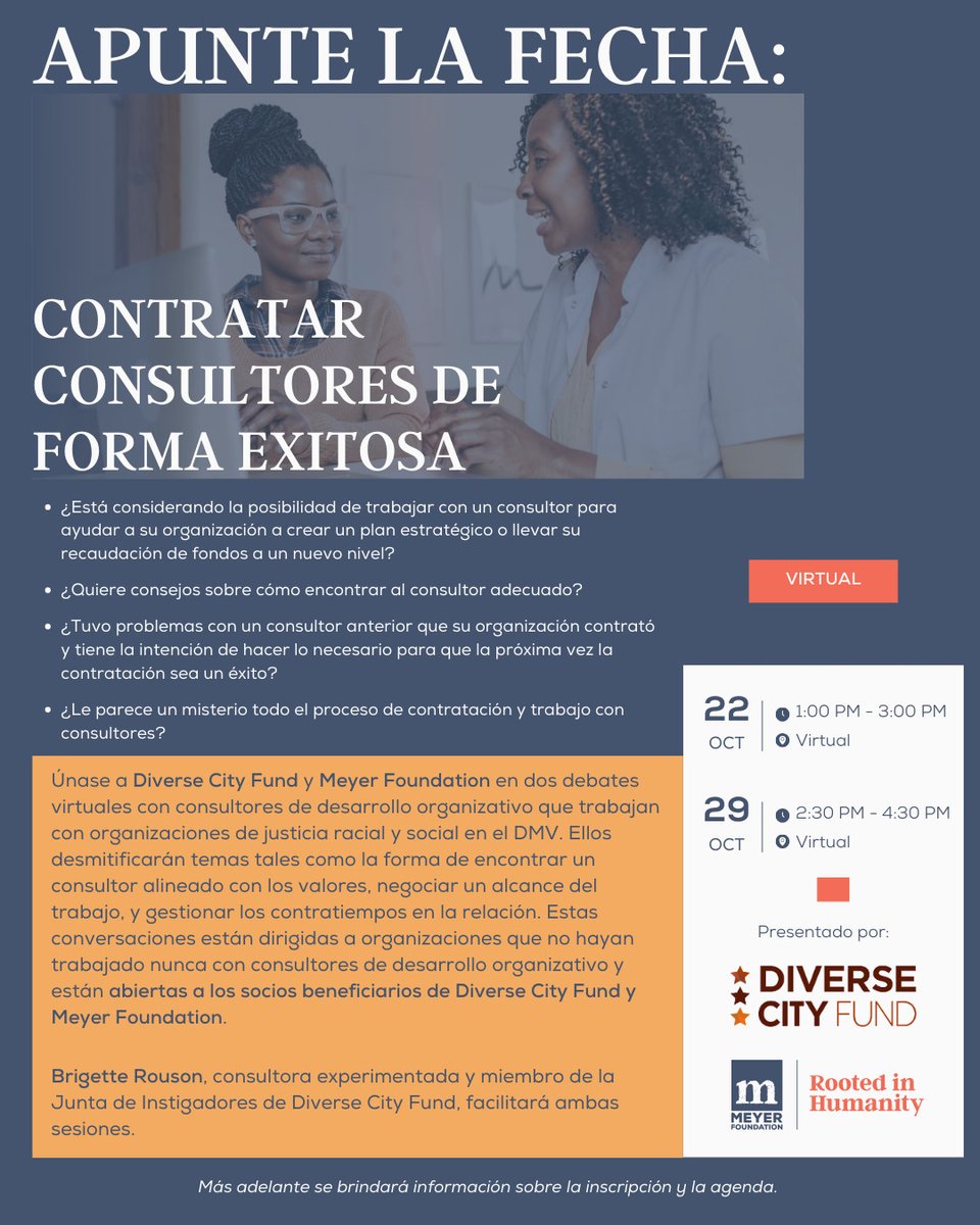 Mark your calendars! Meyer is partnering with @DiverseCityFund to sponsor two virtual discussions on how to most effectively hire and work with consultants. Stay tuned for registration details!