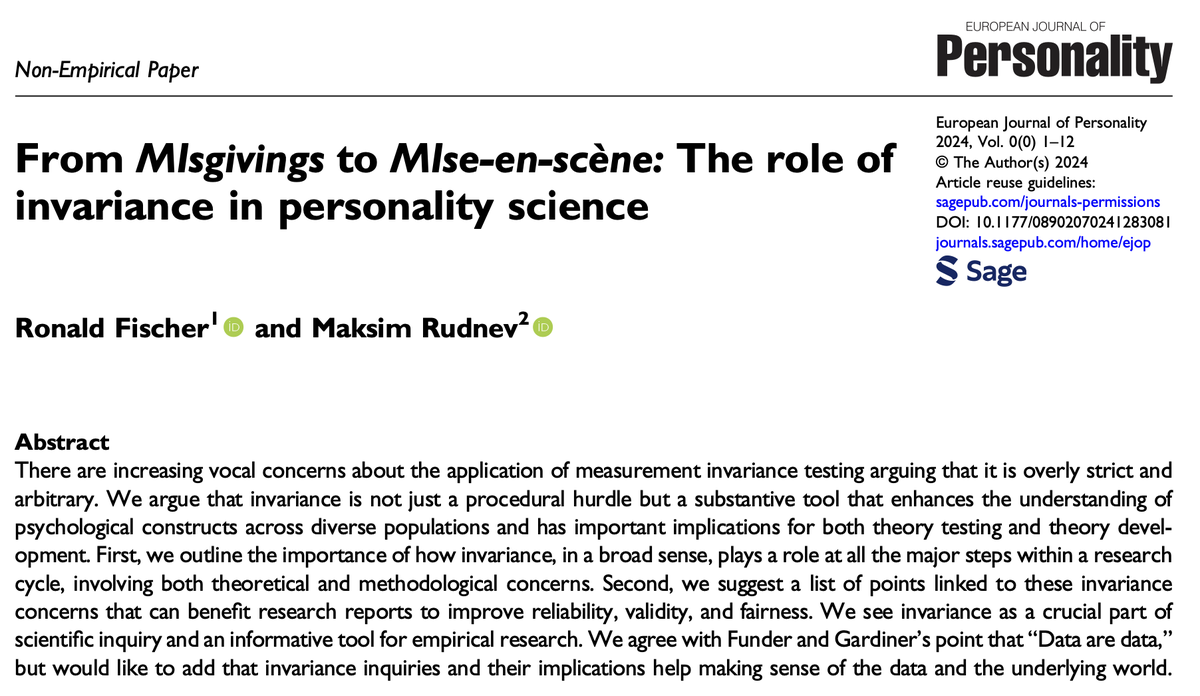 ⚠️New paper – important theoretical piece – w <a href="/ronald_fischer/">Ron Fischer</a>

We invite to rethink measurement invariance – by scaling it up to the entire research process which can be run *in terms of* (measurement) invariance.

Some takeaways in the thread [1/9]
doi.org/10.1177/089020…