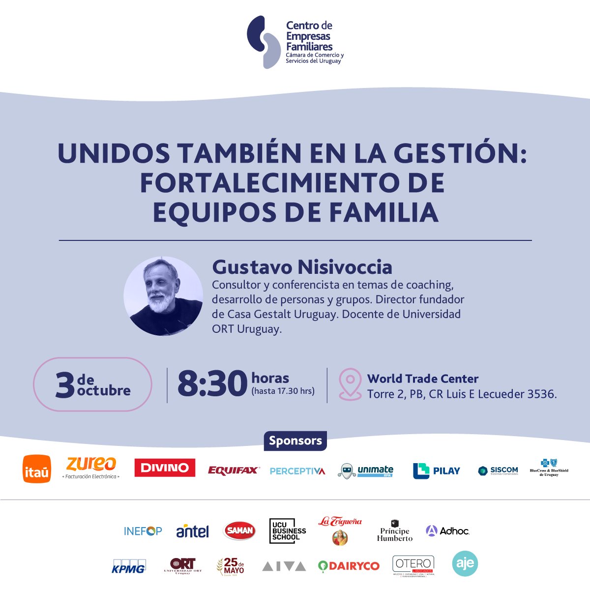 Cefuruguay's tweet photo. 🌟 #CongresoEmpresasFamiliares 🌟

👤 Gustavo Nisivoccia nos hablará sobre Unidos también en la gestión: fortalecimiento de equipos de familia

🗓️ 3 de octubre
🕒 8:30 - 17:00
📍 World Trade Center
🎟️ Entradas aquí 👉 https://t.co/3KEd397rxj https://t.co/JlPXyZhA4s
