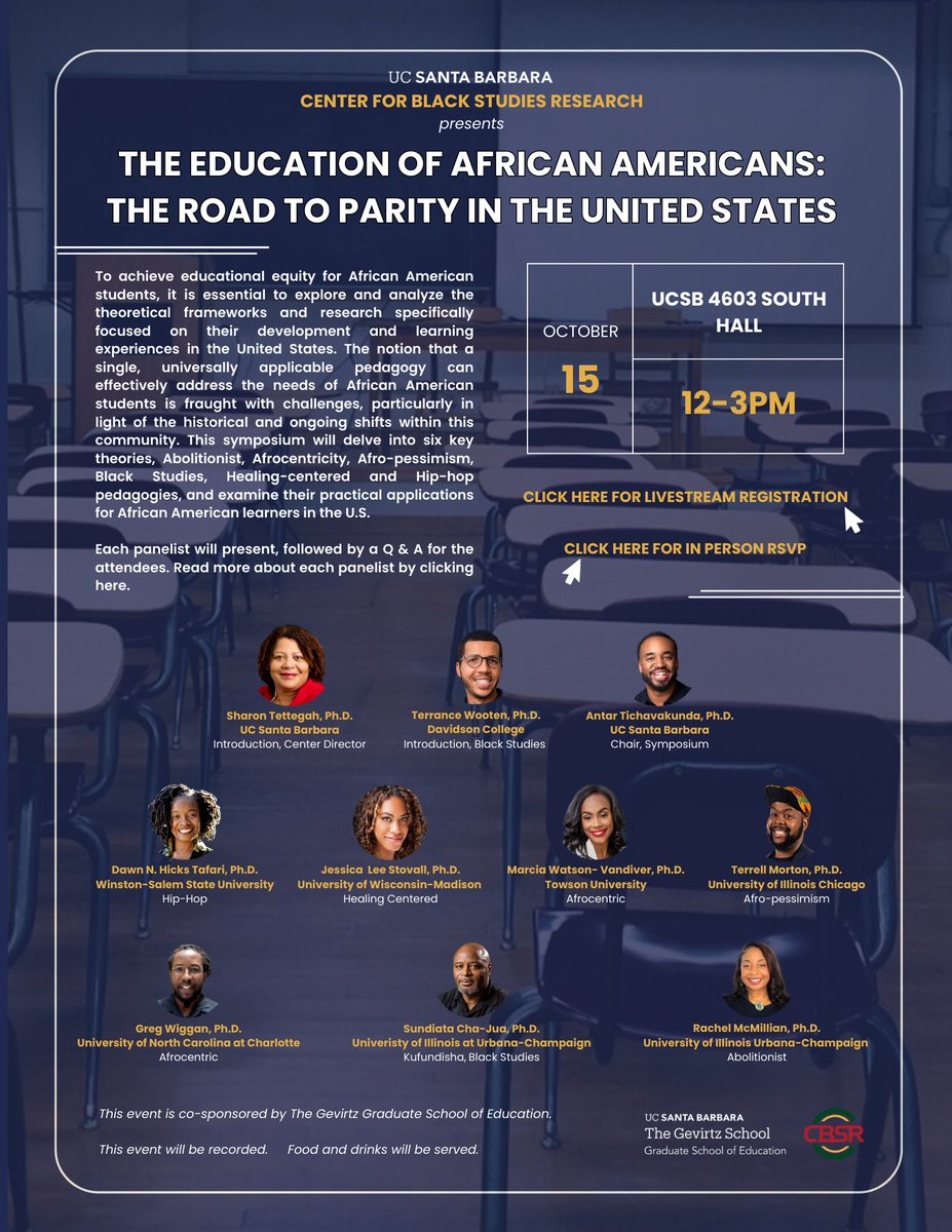 Join us October 15th at 12pm for our "Education of African Americans: The Road to Parity in the United States" symposium! Please visit the events section of our website cbsr.ucsb.edu to read more about the participants, RSVP for in person and register for the livestream