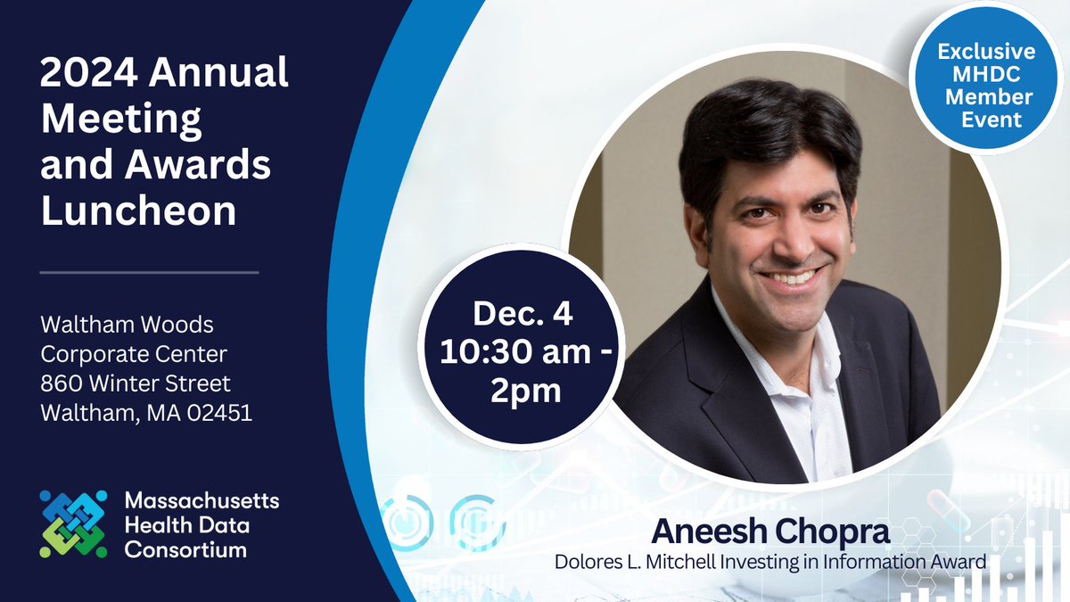 Massachusetts Health Data Consortium (@mahealthdata) on Twitter photo 👏 Honoring <a href="/aneeshchopra/">Aneesh Chopra</a>, Chief Strategy Officer at <a href="/ArcadiaHealthIT/">Arcadia.io</a> & former U.S. CTO, at our 2024 Annual Meeting & Awards Luncheon on 12/4. Aneesh’s leadership in healthcare data & interoperability is transforming care delivery! Learn more: ow.ly/WlZO50TngVh 👏 Honoring <a href="/aneeshchopra/">Aneesh Chopra</a>, Chief Strategy Officer at <a href="/ArcadiaHealthIT/">Arcadia.io</a> & former U.S. CTO, at our 2024 Annual Meeting & Awards Luncheon on 12/4. Aneesh’s leadership in healthcare data & interoperability is transforming care delivery! Learn more: ow.ly/WlZO50TngVh