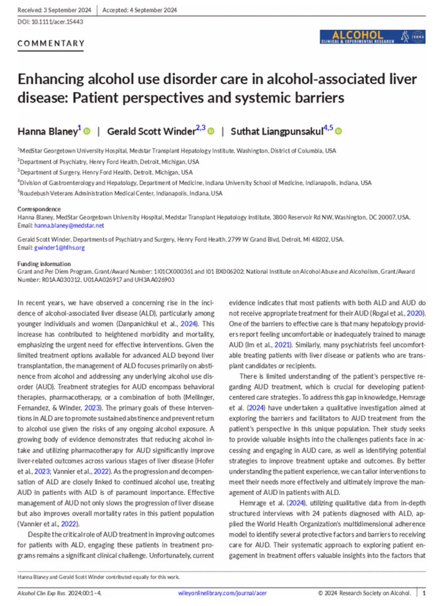 Excited to share our commentary on a nice qualitative study by Hemrage et al on the patient perspective of AUD/ALD care

➡️ We need to take every opportunity to treat AUD &amp; simplify care for our patients

➡️ Integrative care is one way we can achieve this

doi.org/10.1111/acer.1…