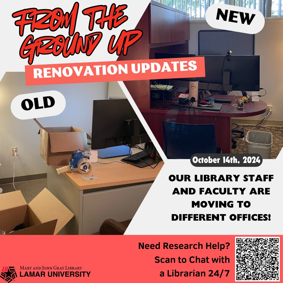 LamarUnvLibrary's tweet image. 🚧 Ready for more updates? Here is Library Specialist Jeri’s old and new office. We’ve been moving around due to renovations, but we haven’t gone far!  For renovation updates, follow our page and check our LibGuide: libguides.lamar.edu/renovations