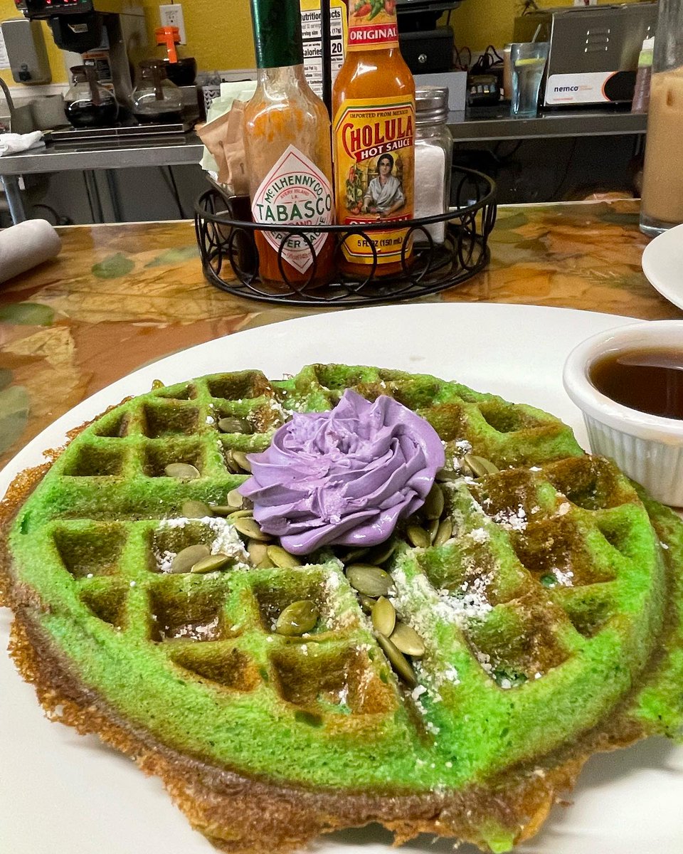 It's Vegan. It's Gluten-free. And everyone likes it. The Morning Fork's Pandan Waffle w Ube Coconut Frosting, Pumpkin Seeds &amp; Praline Dust is delicious. 🟢🧇🟣

The Morning Fork
@themorningforksacramento
1111 21st St
Open Daily for Breakfast &amp; Lunch
themorningfork.com