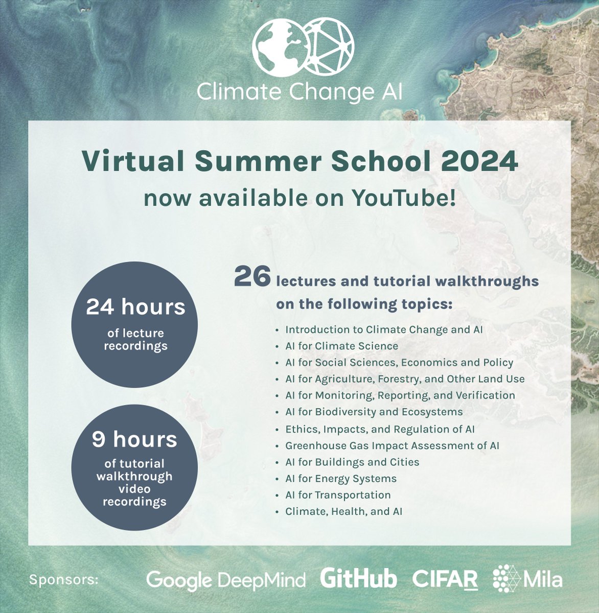 Climate Change AI (@climatechangeai) on Twitter photo Recordings from the 2024 <a href="/ClimateChangeAI/">Climate Change AI</a> virtual Summer School are now publicly available on our YouTube channel! 🎉
Check out 24 hours of lectures & 9 hours of tutorial walkthroughs on a variety of topics at the intersection of climate change & AI here: youtube.com/@ClimateChange… Recordings from the 2024 <a href="/ClimateChangeAI/">Climate Change AI</a> virtual Summer School are now publicly available on our YouTube channel! 🎉
Check out 24 hours of lectures & 9 hours of tutorial walkthroughs on a variety of topics at the intersection of climate change & AI here: youtube.com/@ClimateChange…