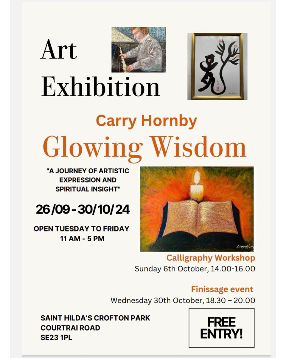 Excited to be hosting a new exhibition soon!

Glowing Wisdom
A Journey of Artistic Expression and Spiritual Light
a collection of artworks by local artist Carry Hornby
@carryhornby
@mscarryschineseclass 

26/09 to 30/10
Tuesday to Friday, 11am to 5pm

#FreeEntry
#VisitStHildas