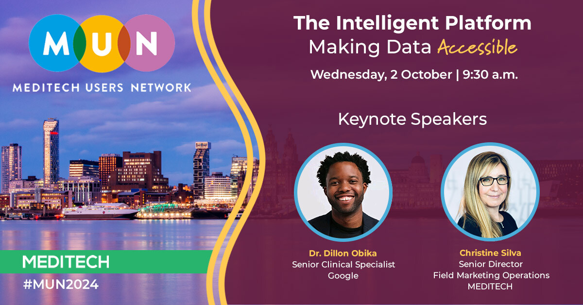 #MUN2024 Keynote: Hear <a href="/Google/">Google</a> Sr Clinical Specialist <a href="/DillonObika/">Dillon Obika</a> and #MEDITECH Sr Director of Field Marketing Operations <a href="/ChristineJSilva/">Christine Silva</a> during their session, The Intelligent Platform - Making Data Accessible, 2 Oct  #Expanse #EPR <a href="/MEDITECH_UK/">MEDITECH UK and Ireland</a> 📣 hubs.ly/Q02Qvk2w0