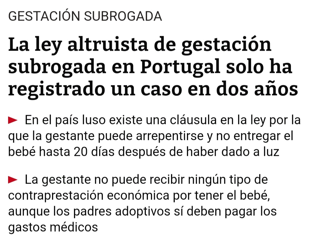 Se ha quedado un bonito día para recordar que en Portugal ante la exigencia de altruismo en la Gestación Subrogada, solo se ha dado un caso en dos años.

Para quienes quieren disfrazar de relación generosa lo que es una compra venta de seres humanos.