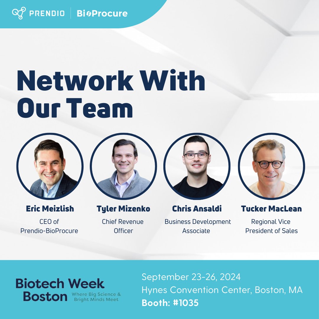 bioprocure's tweet image. 🌟 Meet with us at Biotech Week Boston! 

Don’t miss the chance to network with Prendio-BioProcure’s CEO and Executive Business Development team during Biotech Week Boston! We can’t wait to connect with you! 

#BioTechWeekBoston2024