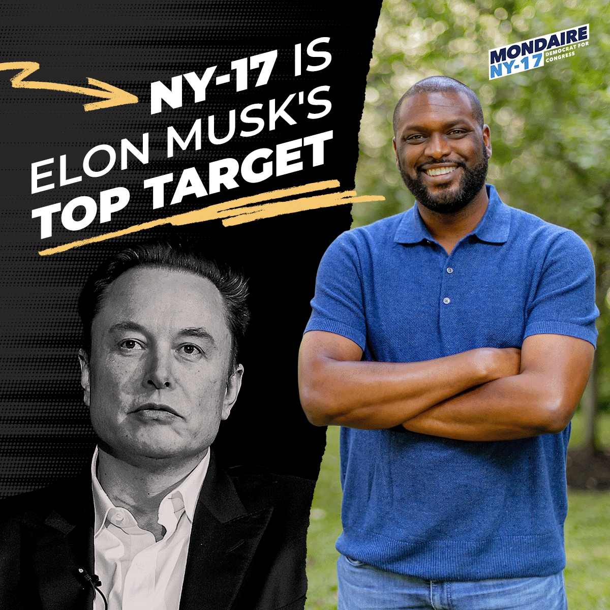 MondaireJones's tweet photo. Elon Musk's PAC named our race its top target. Extreme MAGA billionaires like Musk are desperate to keep Mike Lawler in office, so they're spending millions to defeat me. Chip in now to help me fight back so we can flip NY-17 and the House blue.